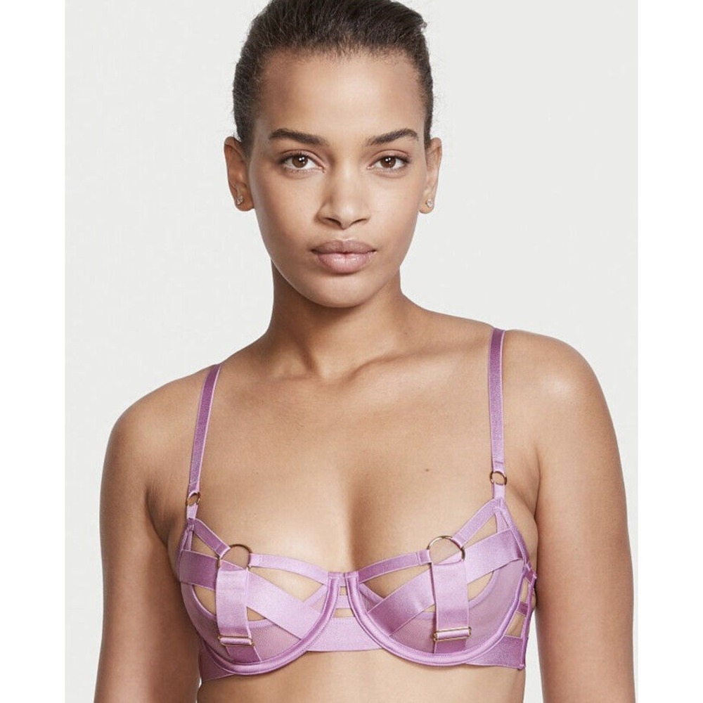 VICTORIA'S SECRET LUXE VERY‎ SEXY BOND GIRL DEMI STRAPPY CUTOUT BRA 34DD Lilac